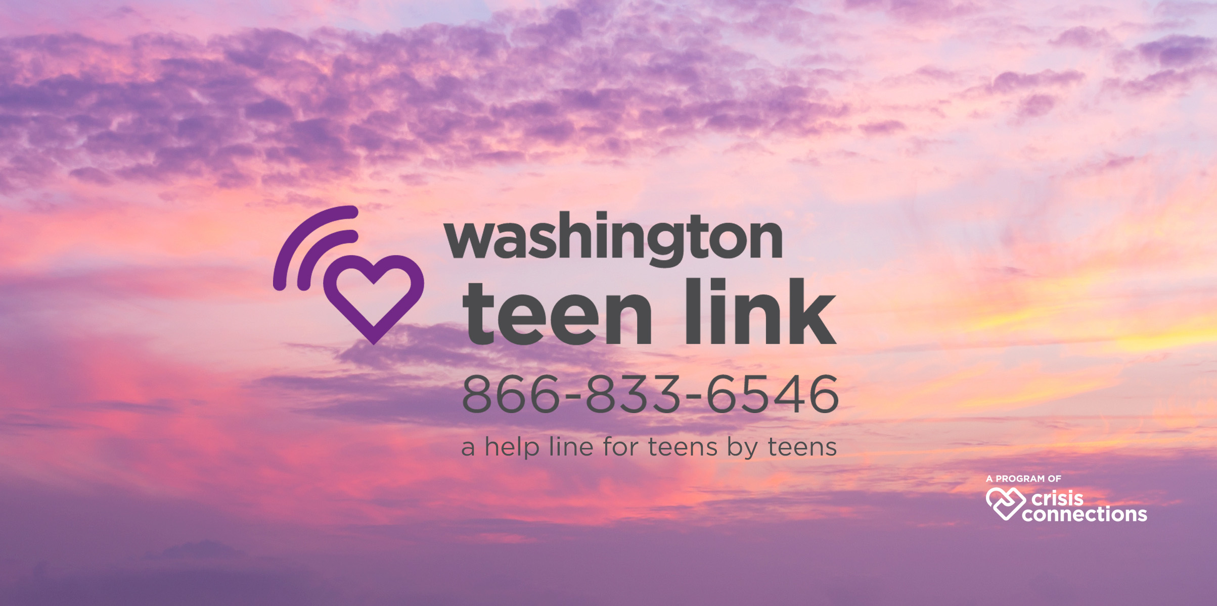 Purple sunset with Teen Link logo and phone number 866-833-6546